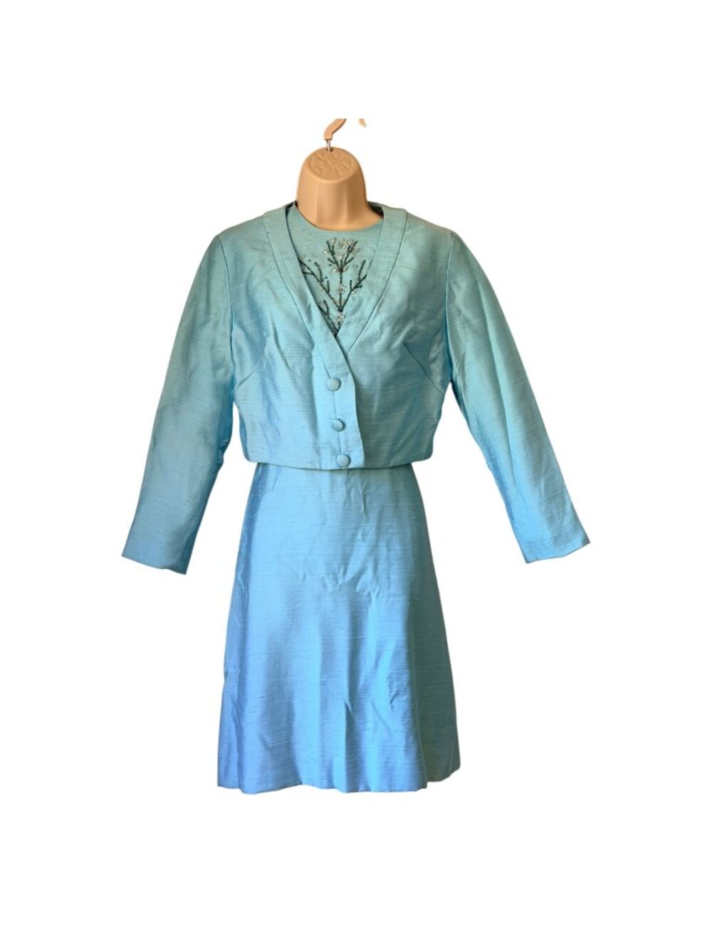 Vintage 1950s Silk Shantung Dress‎ Set Blue Beaded Cocktail Bolero XS Small